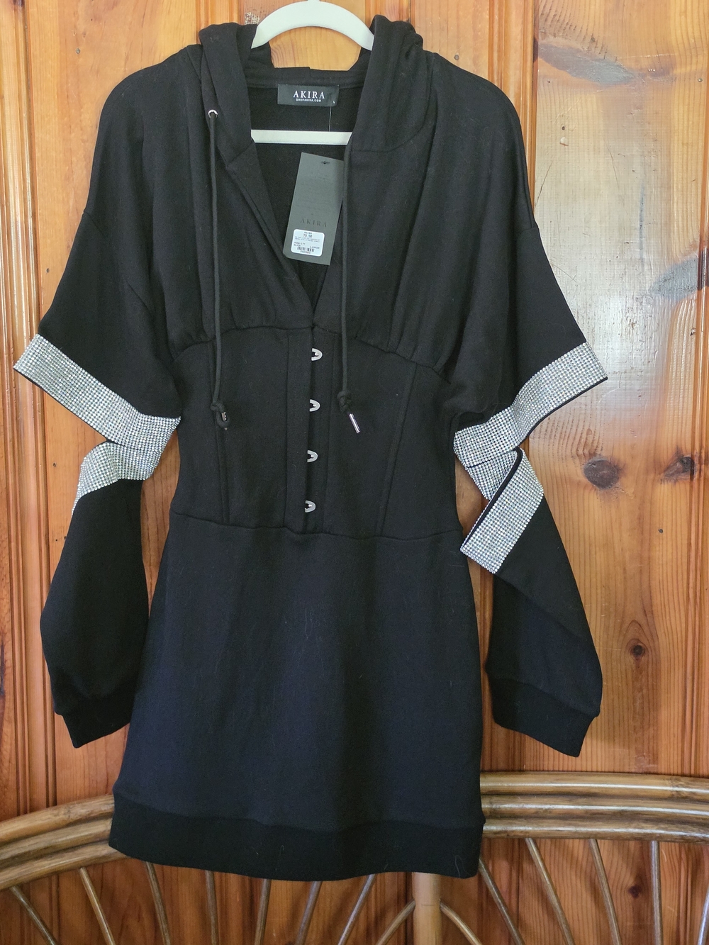 AKIRA Black Hooded Pullover with Corset Front and Rhinestone Trim - Picture 7 of 16